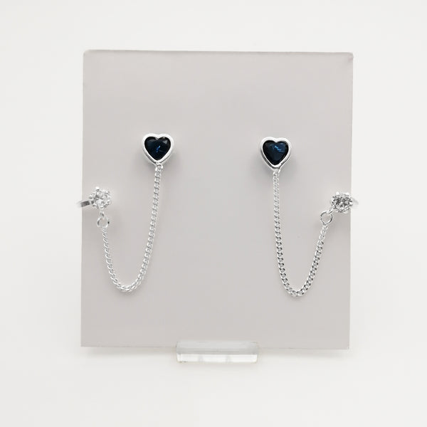Aretes corazón azul con grapa en plata 925