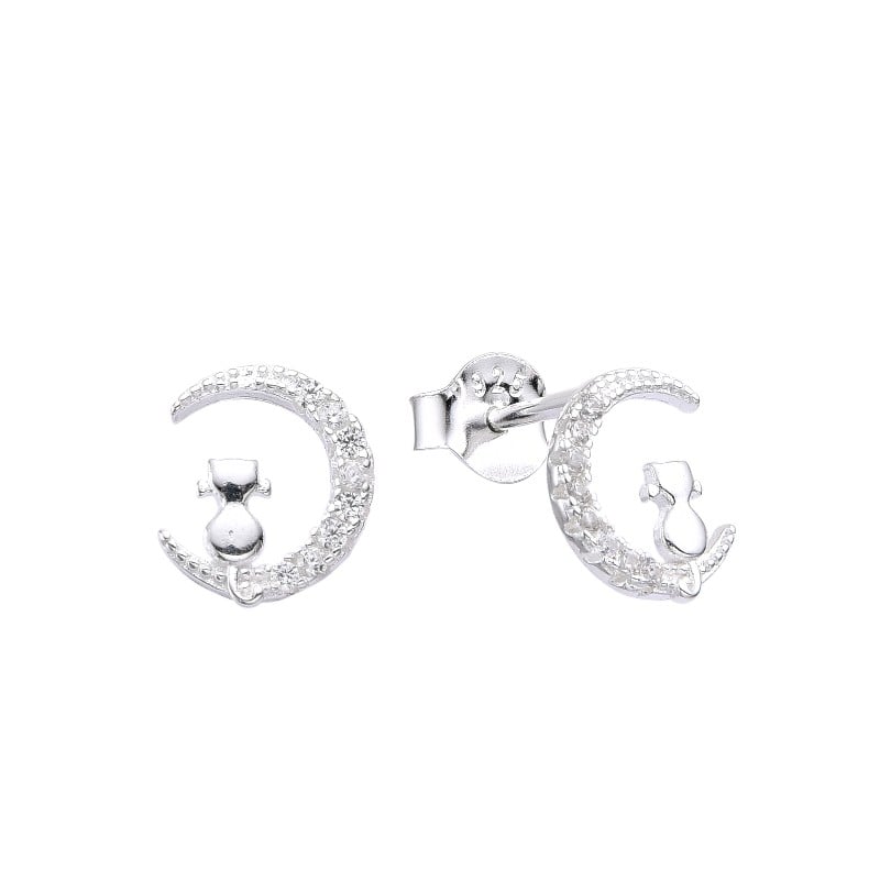 Aretes media luna y gato con circones en plata 925