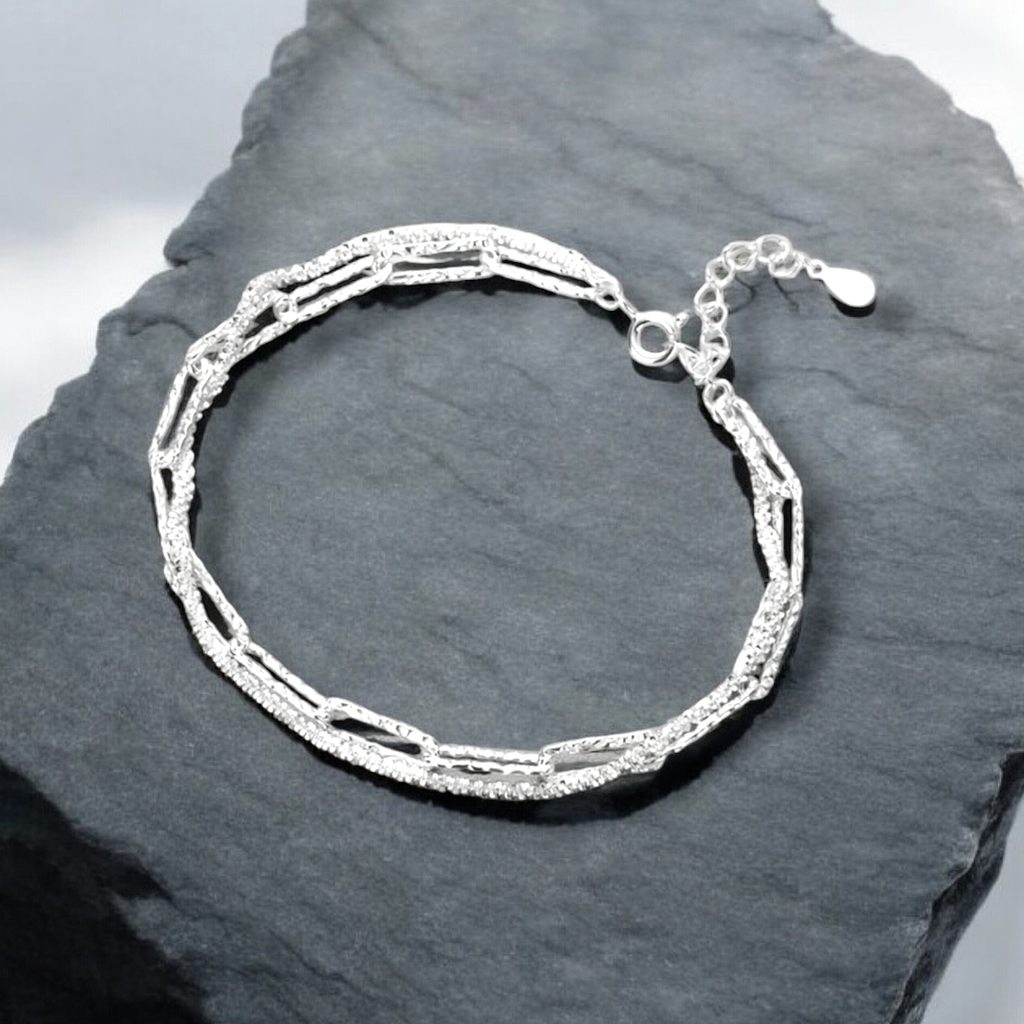 Pulsera doble cadena con tejido paper clip en plata 925