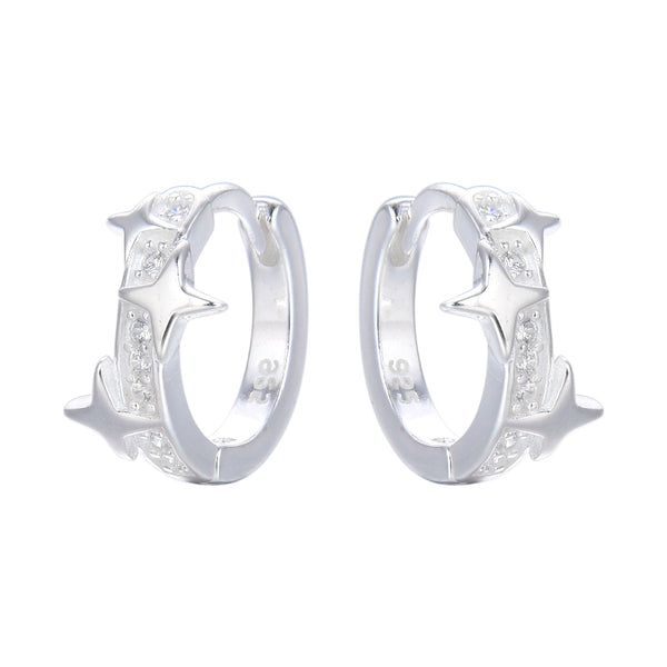 Argollas huggies en plata 925 con circones y estrellas lisas