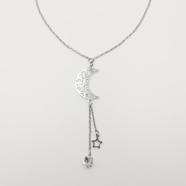 Collar corbatín con luna calada & estrellas en plata 925