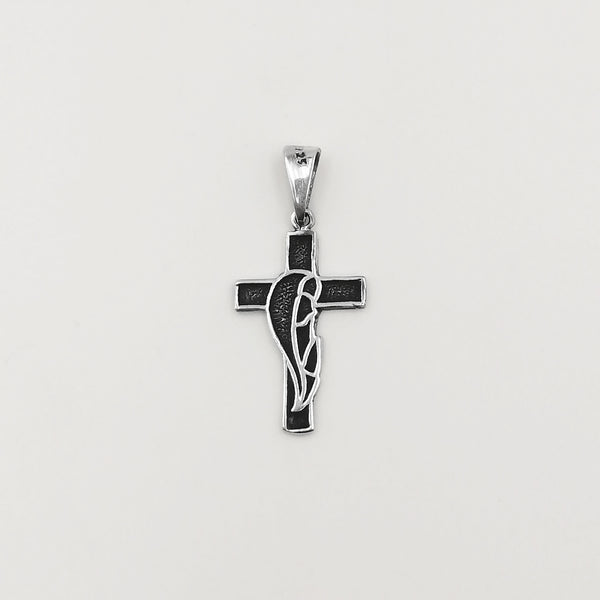 Cruz en plata 925 bruñida (oscurecida) con perfil de Virgen.