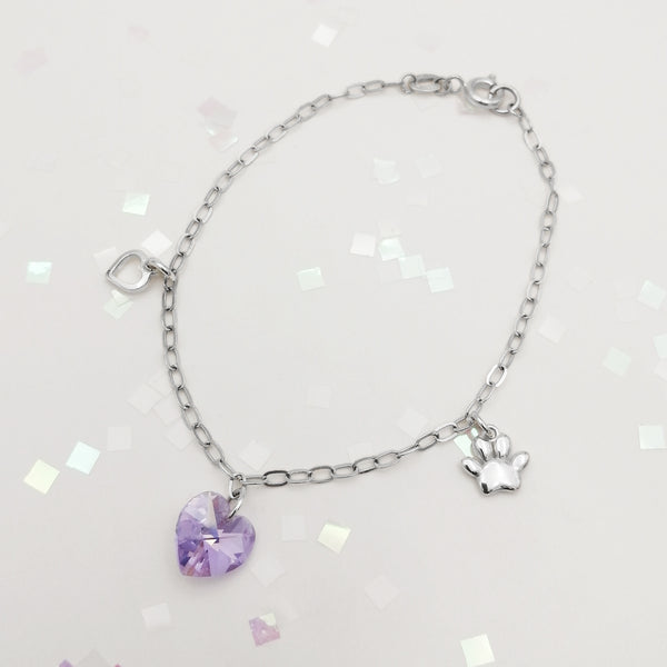 Pulsera en plata 925 corazón cristal y huellita