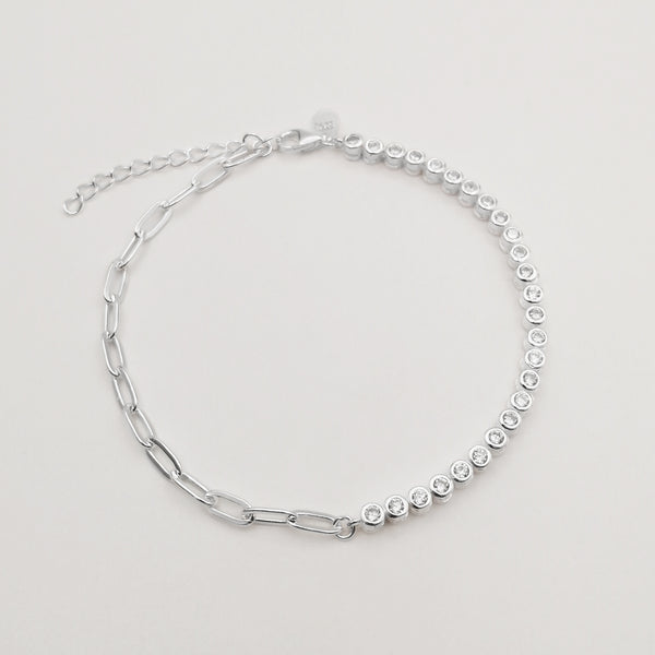 Pulsera tenis & "paper clip" en plata 925 con circones transparentes