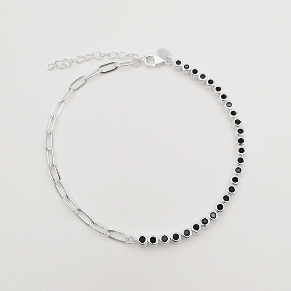 Pulsera en plata 925 con tejido "paper clip" & tenis con circones negros