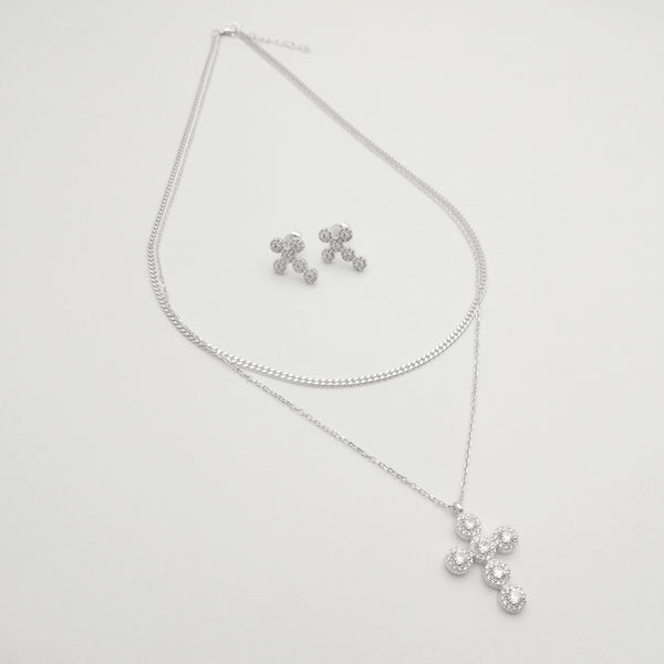 Juego de aretes & collar con cruces en plata 925 con circones