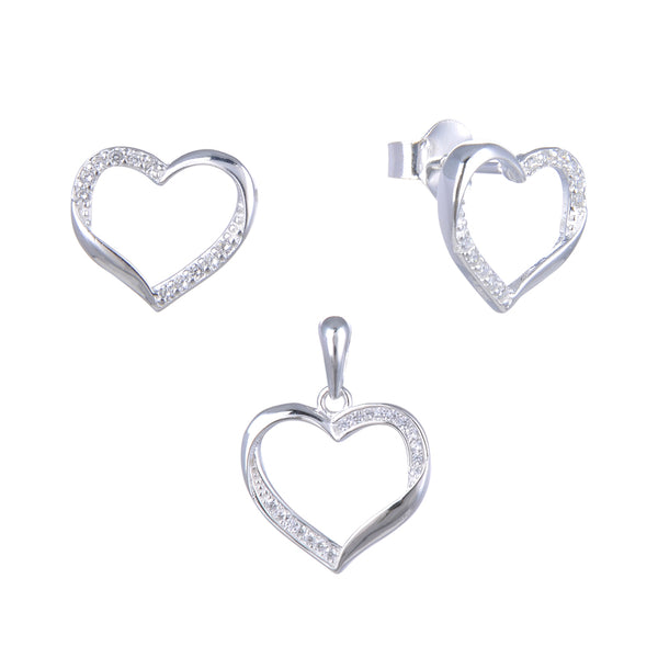Juego de aretes y dije en plata 925, diseño de corazón hueco con circones