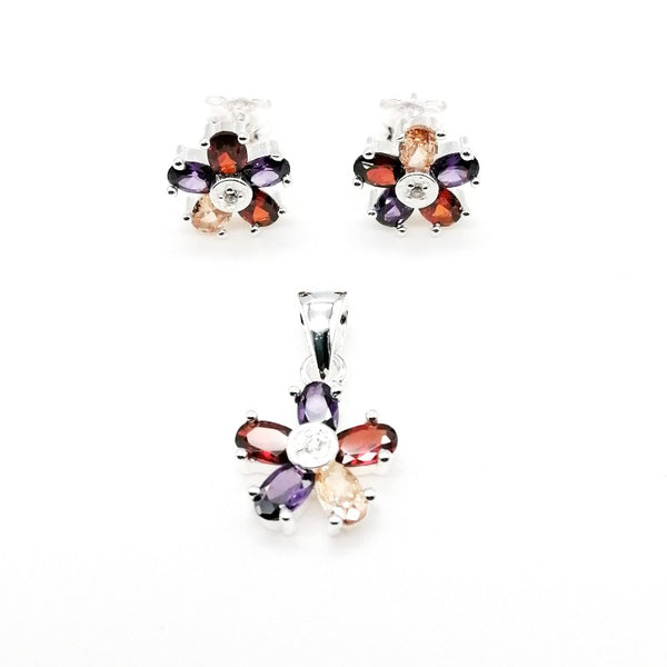 Juego de aretes y dije en plata 925, diseño de flor con circones multicolores