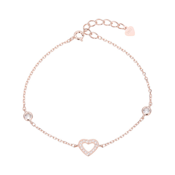 Pulsera con corazón hueco con circones en plata 925 con baño de oro rosado