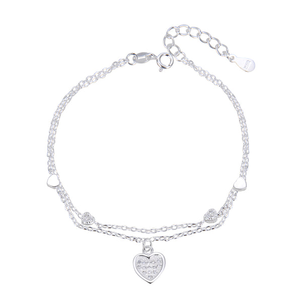 Pulsera doble con dijes de corazones lisos y con circones en plata 925