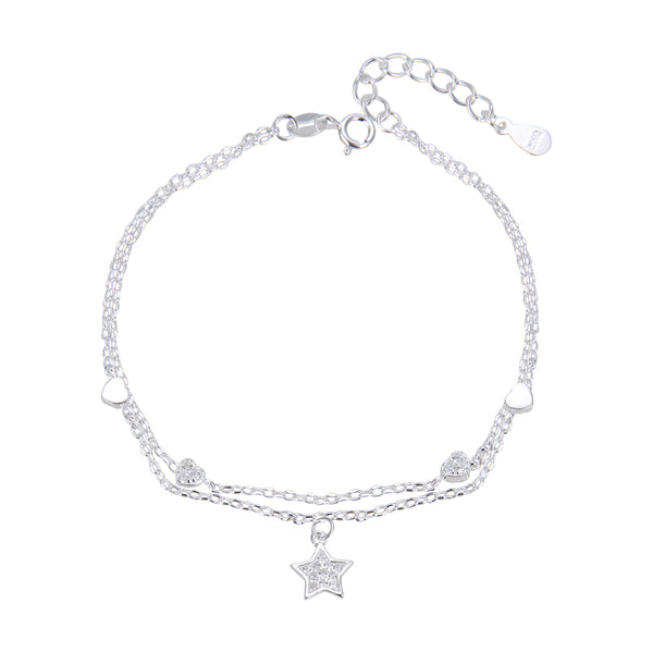 Pulsera doble tejido mini ancla con dije de estrella & corazones en plata 925