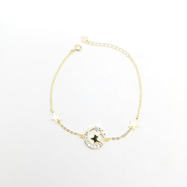 Pulsera con dije de media luna & estrella con circones en plata 925 con baño de oro