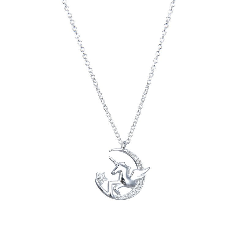 Collar con unicornio alado, luna y estrella en plata 925 y circones